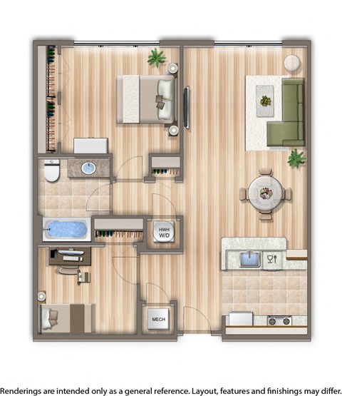 rendering of a 2 bedroom apartment at sheridan station in washington dc